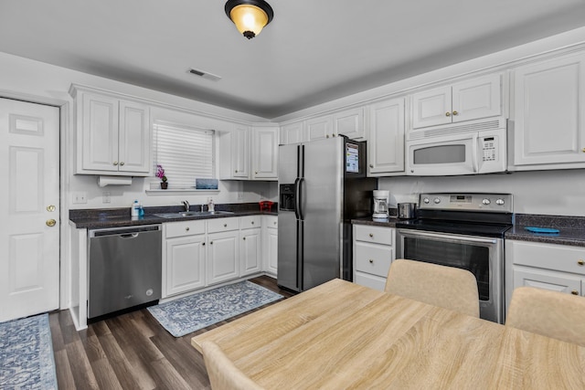 kitchen featuring white cabinets, appliances with stainless steel finishes, dark wood-type flooring, and sink