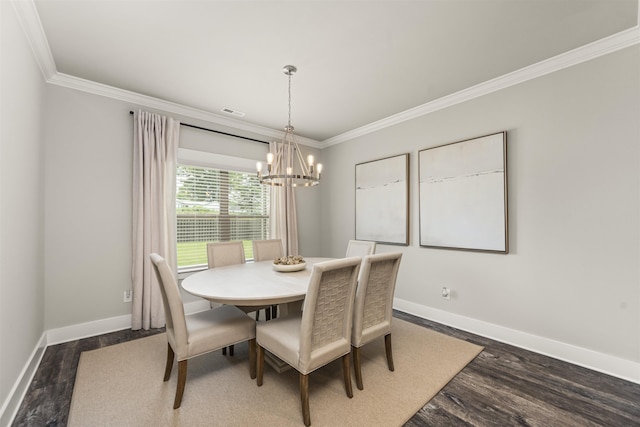  - dining room featuring ornamental molding, a chandelier, dark wood-style floors, and baseboards