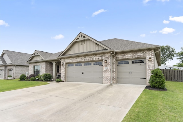  - view of front of house featuring concrete driveway, a garage, brick siding, and board and batten siding