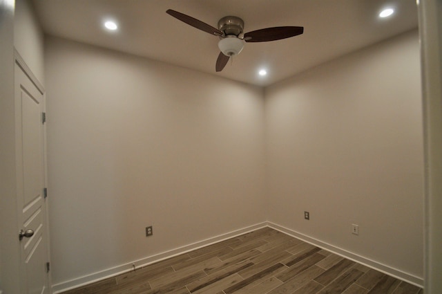 empty room with recessed lighting, baseboards, wood finish floors, and a ceiling fan