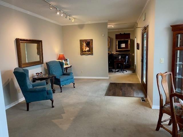  - sitting room with ornamental molding, light carpet, track lighting, and baseboards
