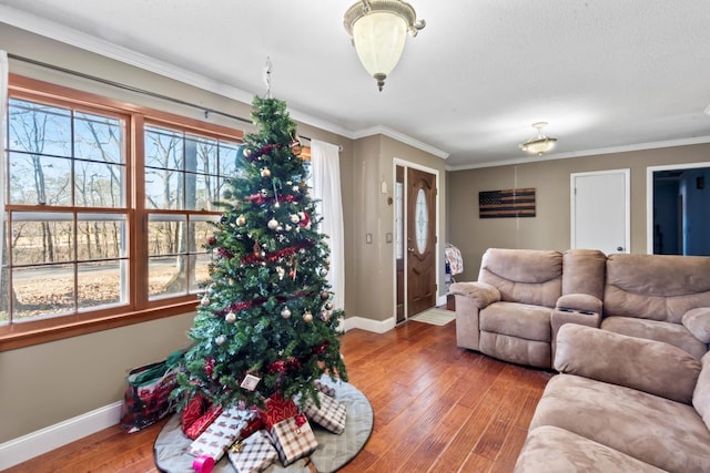 living room featuring hardwood / wood-style flooring and ornamental molding