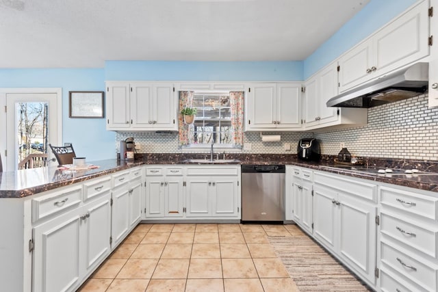 kitchen featuring stainless steel dishwasher, white cabinets, and kitchen peninsula