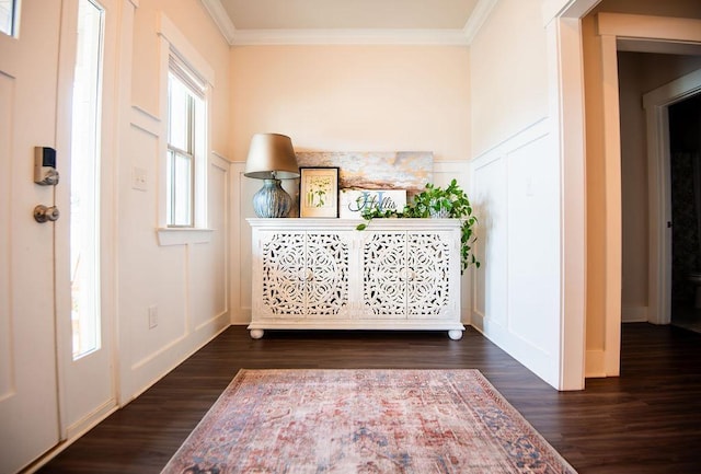 foyer entrance with dark hardwood / wood-style flooring and ornamental molding