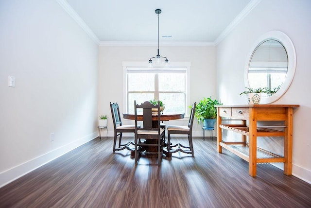 dining room featuring crown molding and dark wood-type flooring