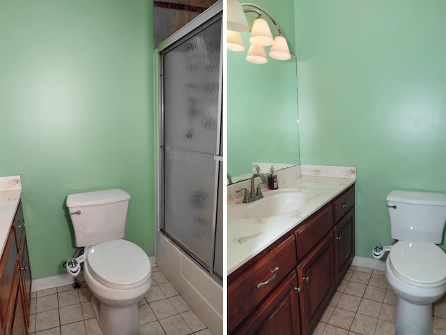 full bathroom featuring tile patterned flooring, vanity, enclosed tub / shower combo, and toilet