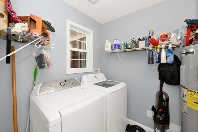 laundry area with water heater and washing machine and clothes dryer