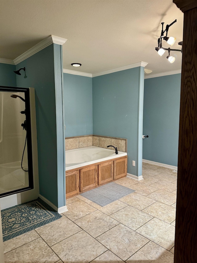 bathroom with tile patterned flooring, plus walk in shower, and ornamental molding