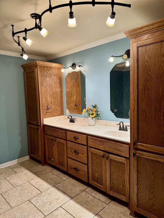 bathroom with vanity and ornamental molding