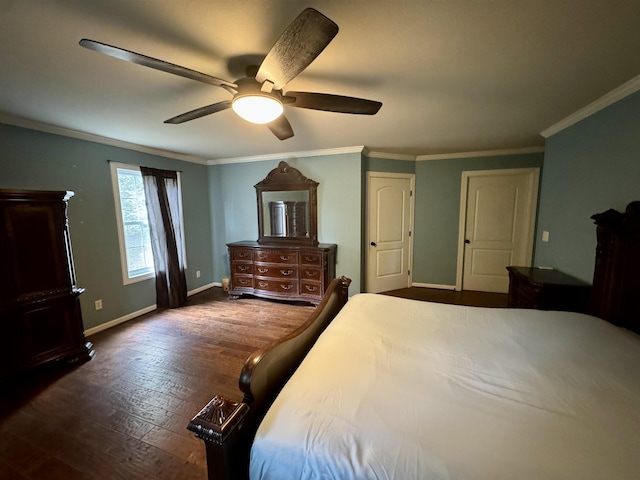 bedroom featuring ceiling fan, crown molding, and dark wood-type flooring