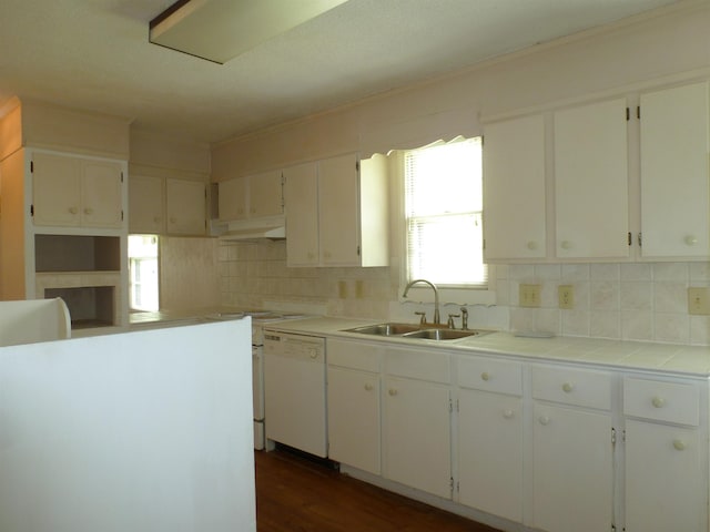  - kitchen featuring under cabinet range hood, dishwasher, decorative backsplash, white cabinets, and crown molding