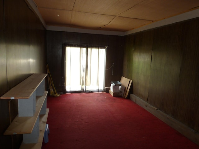  - empty room with carpet flooring and wooden walls