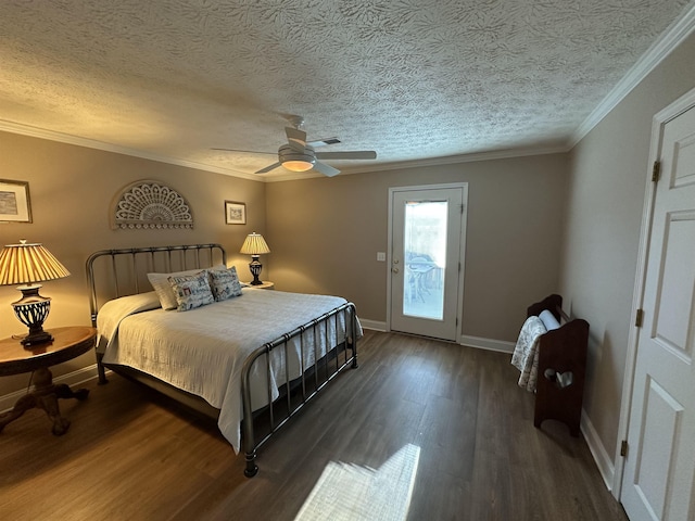 bedroom featuring wood finished floors, ornamental molding, ceiling fan, baseboards, and access to exterior
