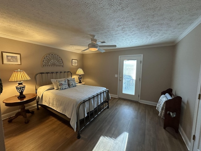 bedroom with wood finished floors, access to exterior, a ceiling fan, crown molding, and baseboards