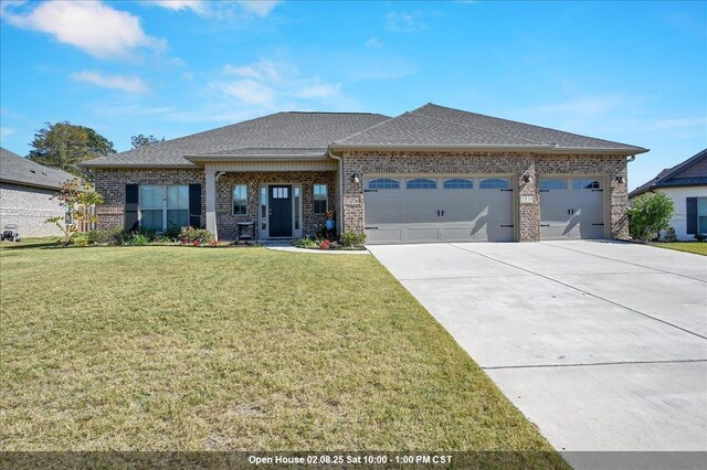 view of front of property with a front lawn and a garage