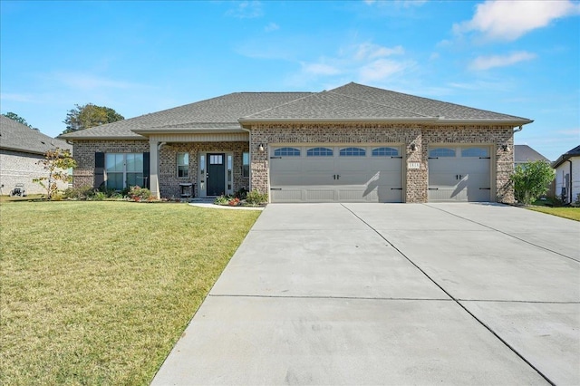 view of front of property featuring a garage and a front lawn