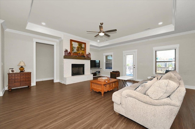 living room with dark hardwood / wood-style floors, a fireplace, a raised ceiling, and ceiling fan