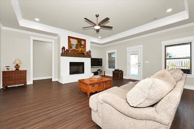 living room with a raised ceiling and crown molding