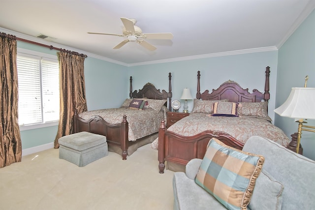 bedroom with visible vents, ornamental molding, carpet floors, and ceiling fan