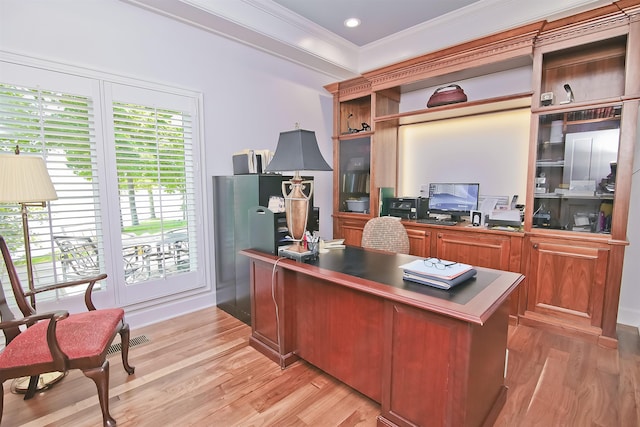 office area with recessed lighting, visible vents, ornamental molding, and light wood finished floors
