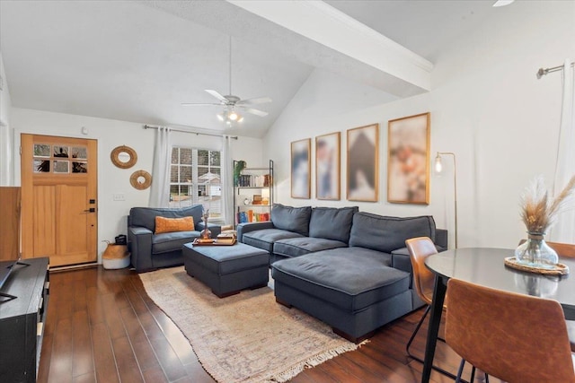 living room with dark wood-style floors, ceiling fan, and vaulted ceiling