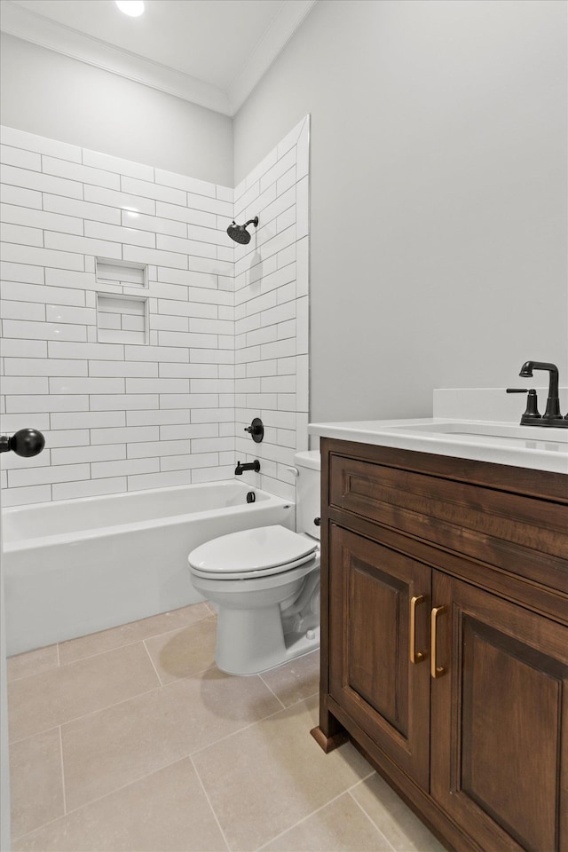 full bathroom featuring tile patterned flooring, vanity, tiled shower / bath combo, and toilet