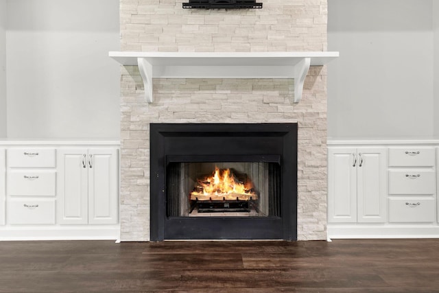  - detailed view of a lit fireplace and wood finished floors
