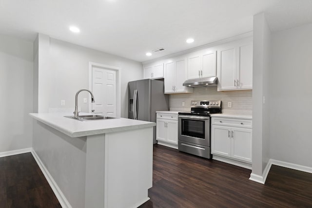  - kitchen with appliances with stainless steel finishes, under cabinet range hood, dark wood finished floors, backsplash, and white cabinetry