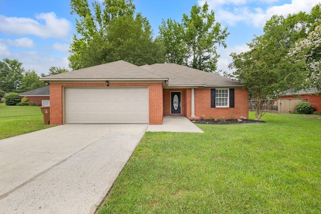  - ranch-style home with an attached garage, concrete driveway, and brick siding