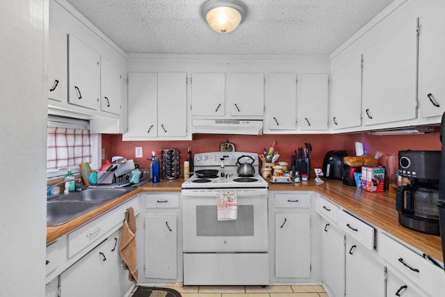 kitchen with a sink, white cabinetry, under cabinet range hood, and white electric stove