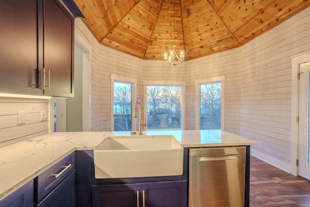 kitchen featuring lofted ceiling, sink, light stone counters, wooden ceiling, and wooden walls