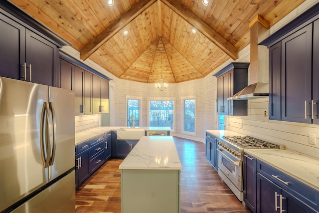 kitchen featuring sink, appliances with stainless steel finishes, a center island, lofted ceiling with beams, and wooden ceiling