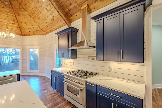 kitchen with lofted ceiling, dark hardwood / wood-style flooring, stainless steel range, wooden ceiling, and wall chimney exhaust hood