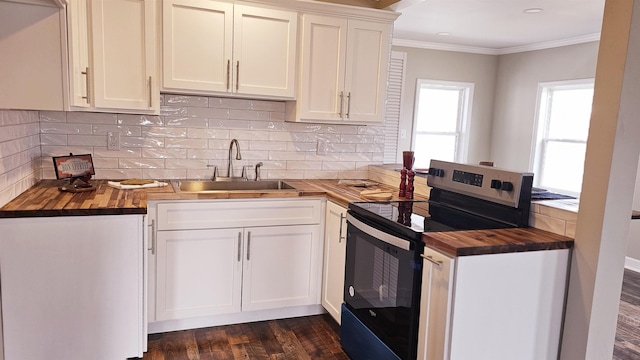 kitchen with butcher block countertops, dark wood-type flooring, a sink, stainless steel range with electric stovetop, and crown molding