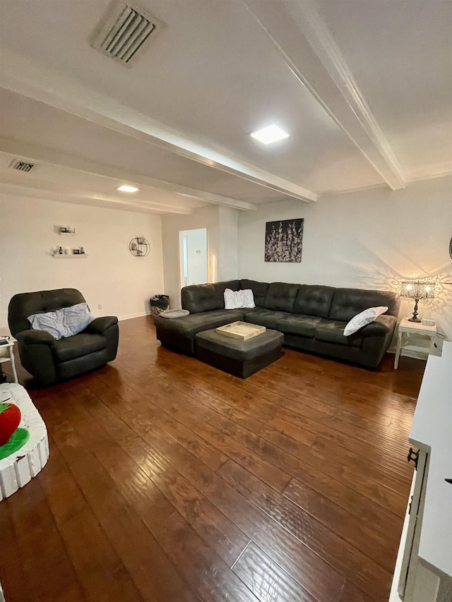  - living room featuring hardwood / wood-style flooring and beam ceiling