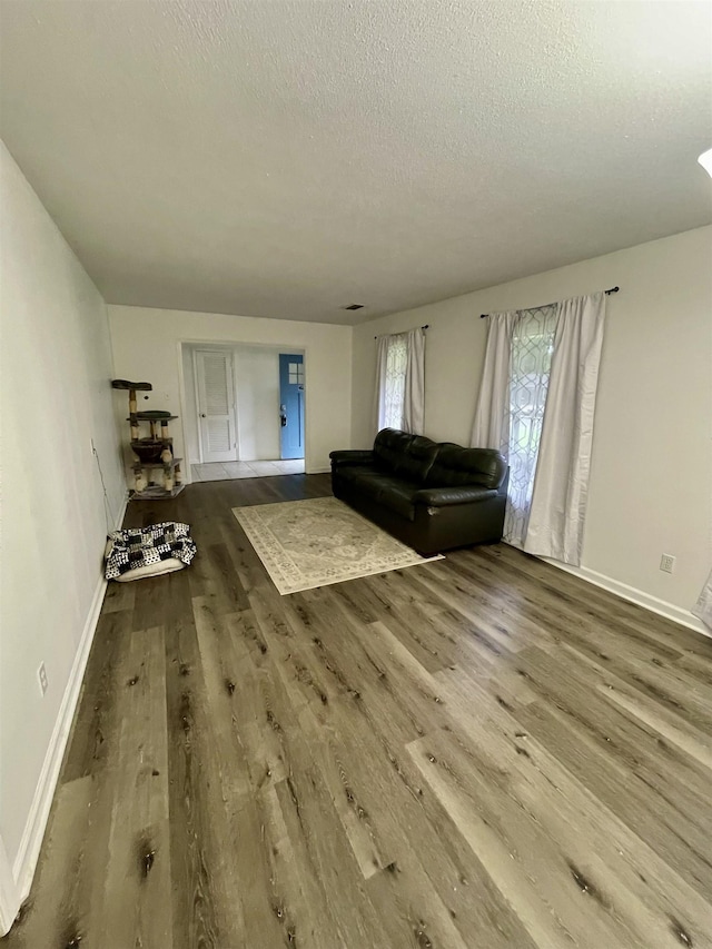  - living area with wood finished floors and a textured ceiling