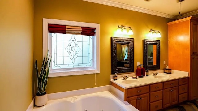 full bath with a whirlpool tub, double vanity, a sink, and crown molding