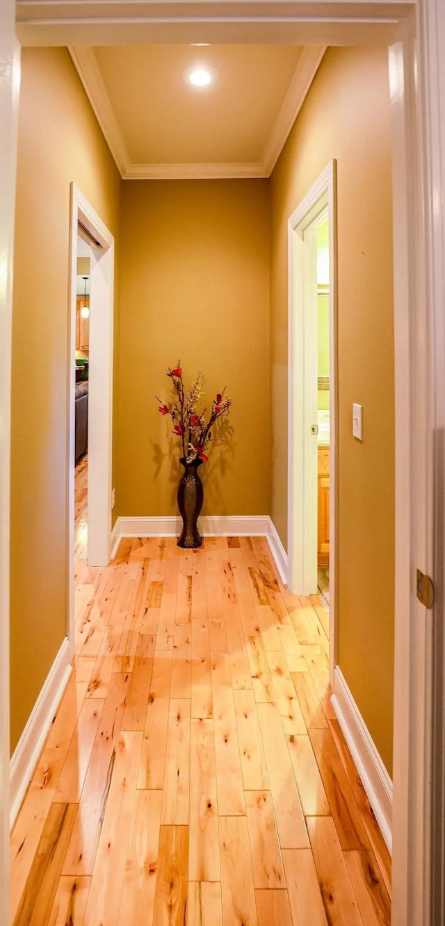 corridor featuring light wood-style flooring, baseboards, and crown molding