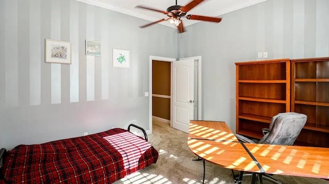 bedroom with baseboards, crown molding, and light colored carpet