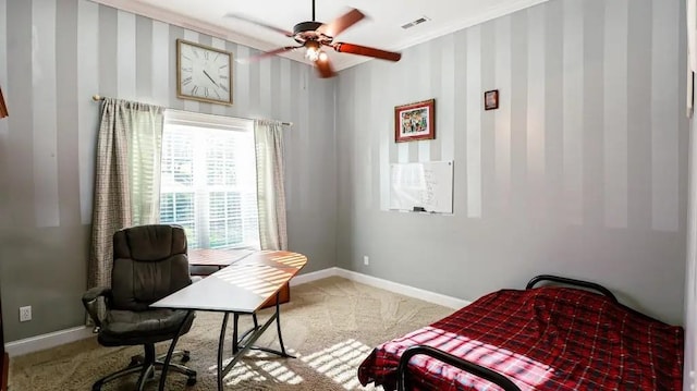 bedroom with wallpapered walls, visible vents, baseboards, ceiling fan, and carpet