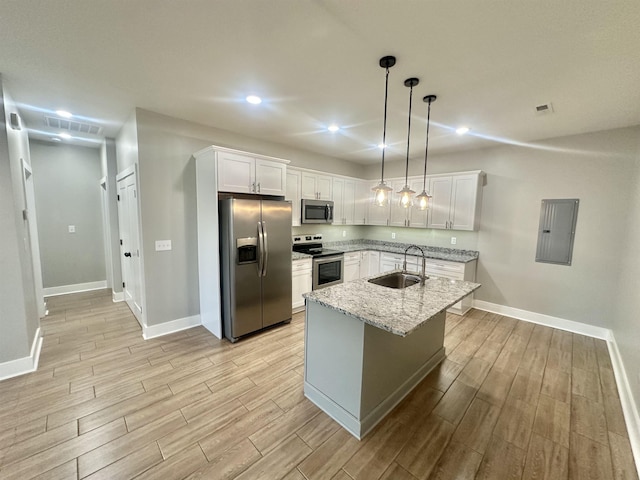 kitchen with a sink, white cabinets, appliances with stainless steel finishes, electric panel, and light stone countertops