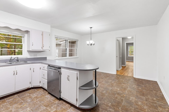 kitchen featuring white cabinetry, sink, pendant lighting, and stainless steel dishwasher