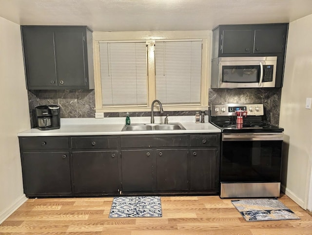 kitchen featuring tasteful backsplash, sink, stainless steel appliances, and light hardwood / wood-style flooring