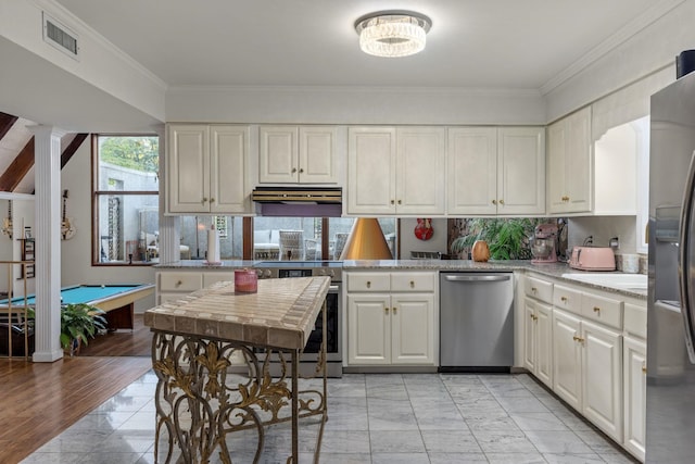 kitchen with dishwasher, white cabinetry, range, and pool table