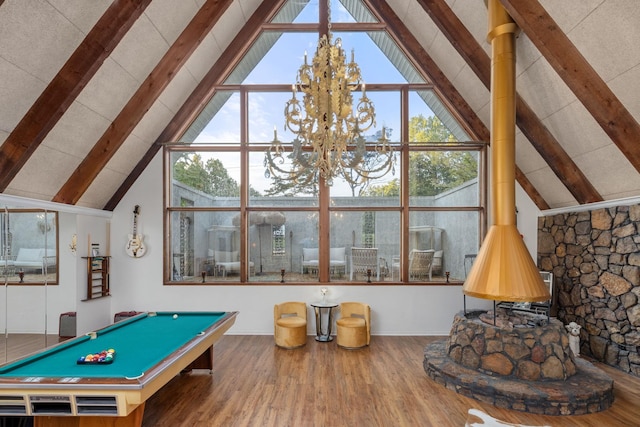 rec room featuring beam ceiling, hardwood / wood-style flooring, high vaulted ceiling, and pool table