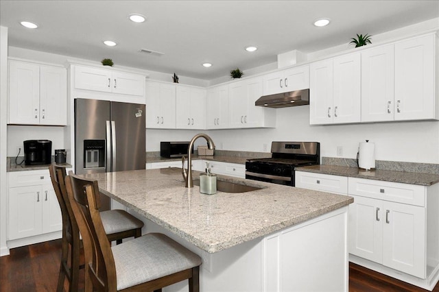  - kitchen with appliances with stainless steel finishes, a sink, under cabinet range hood, dark wood-style flooring, and light stone counters
