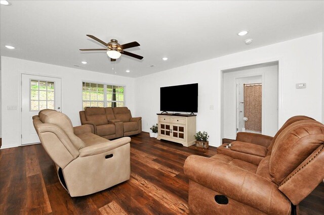  - living room featuring a ceiling fan, dark wood-style floors, recessed lighting, and baseboards