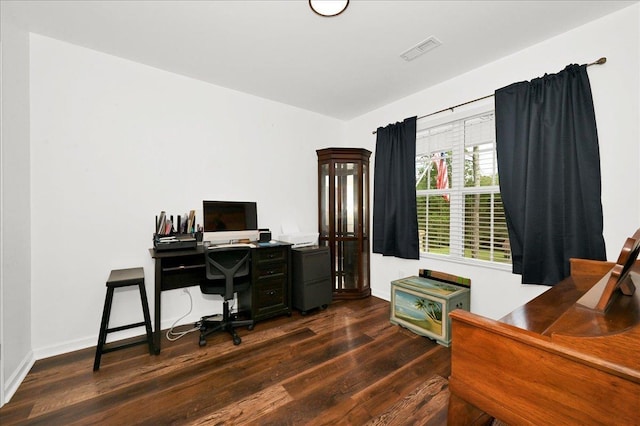  - home office featuring dark wood-style flooring and baseboards