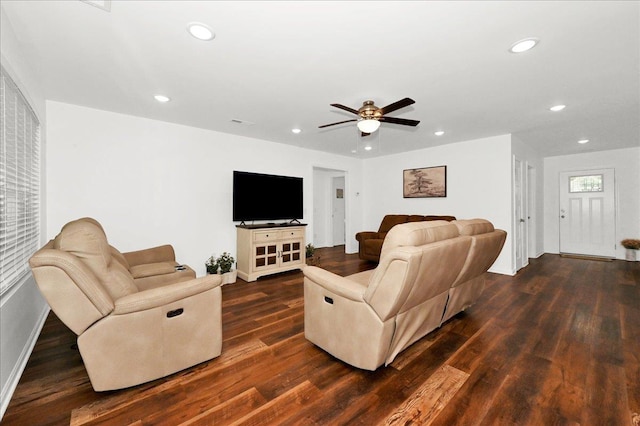  - living room with recessed lighting, dark wood-type flooring, a ceiling fan, and baseboards