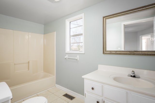 bathroom with vanity, baseboards, visible vents, tile patterned flooring, and toilet